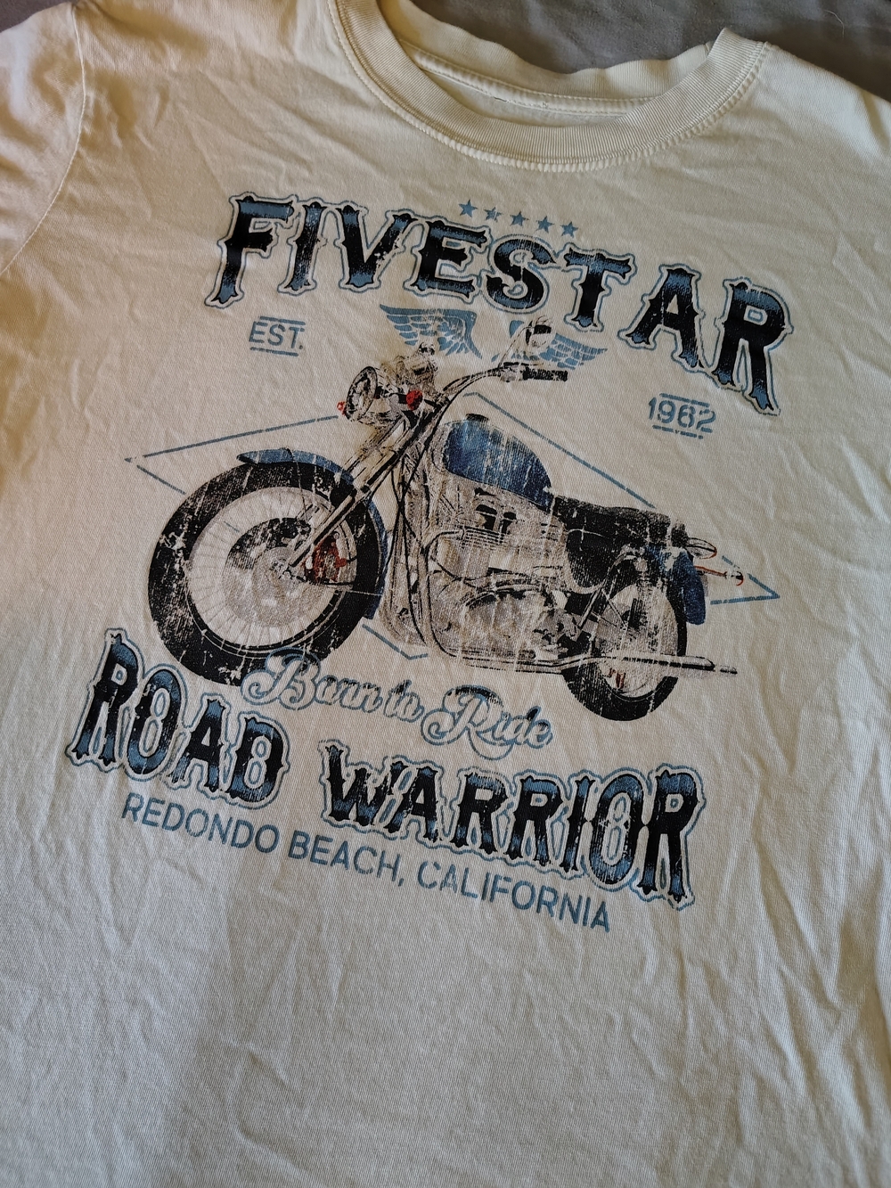 Five Star Men's Cream Graphic Tee Blue and Black Motorcycle Print T-shirt Small